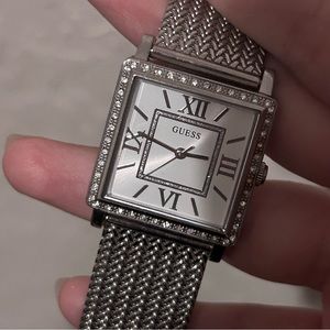 GUESS? Silver crystal crown square watch
